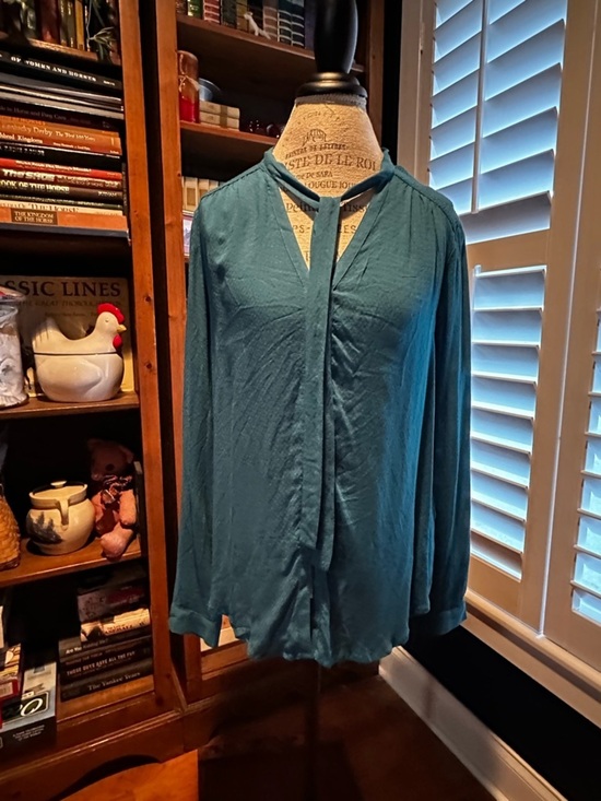 Anthropologie Tops - Anthropologie Teal Long-Sleeve Tie-Neck Blouse